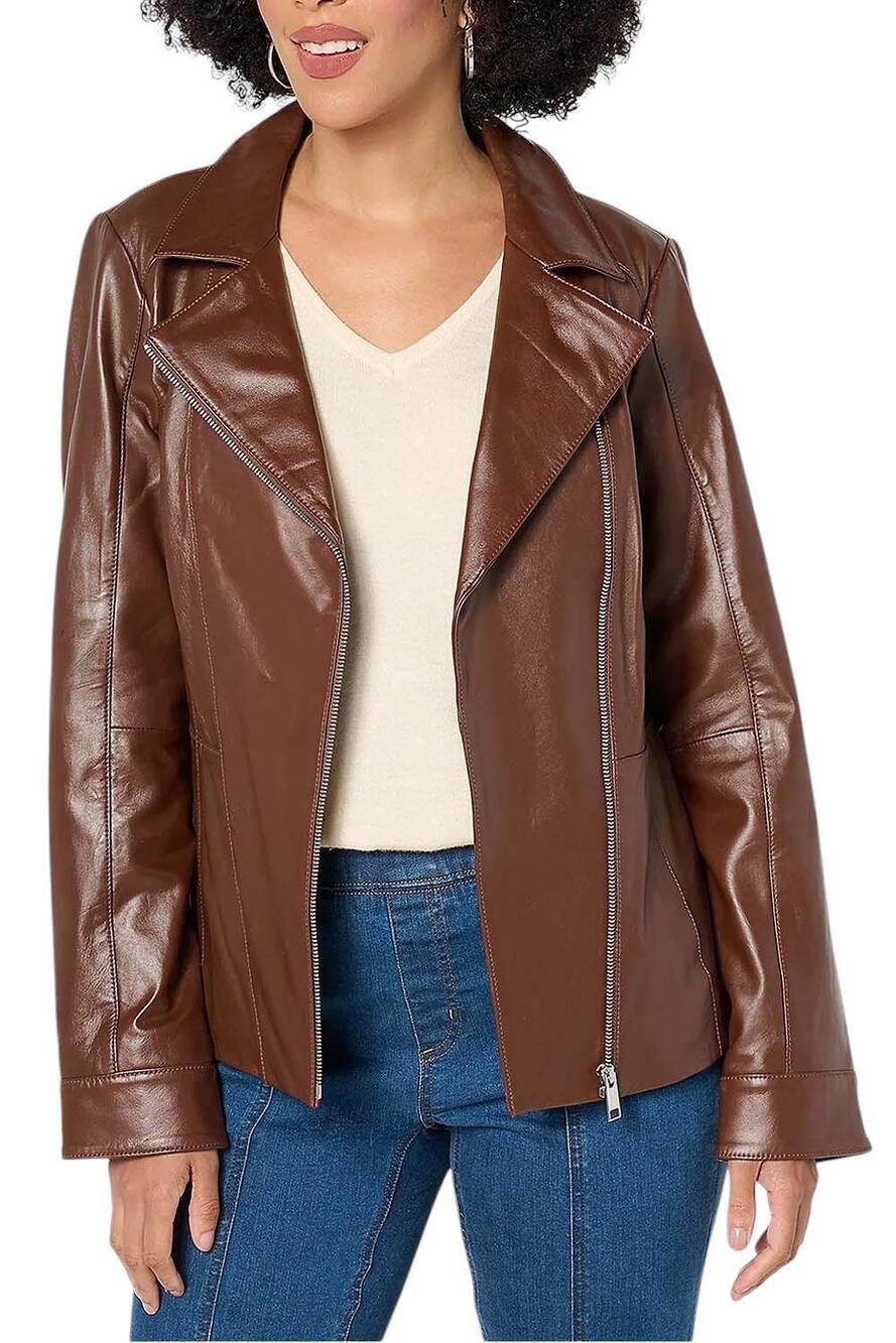 Denim & Co. Women's Lamb Leather Moto Jacket w/Pockets Dark Brown - Regular
